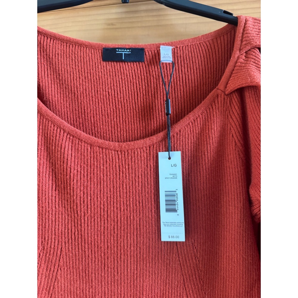 NWT Tahari Spicy Orange Ribbed Knit Midi Dress Puff Sleeve Scoop Neck TD204001 - Picture 4 of 4